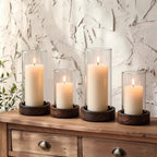 Ronasip Set of 4 Hurricane Candle Holders with Wood Base & Glass Cylinder (4.2x5.9” & 4.6x7.8”) – Rustic Wooden Candle Holders for Home Decor, Weddings, Table Centerpieces by Unknown