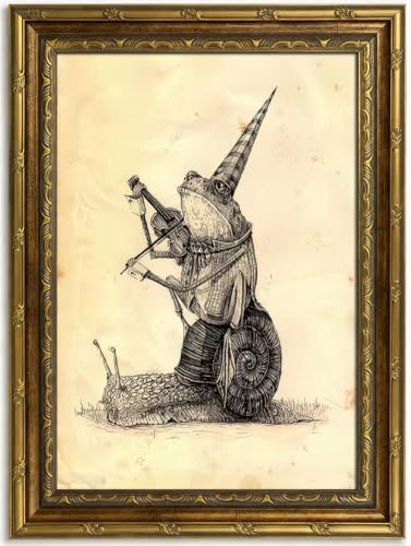 Gold Framed Frog Snail Musician Wall Art, Line Art Canvas Print, 16x12 by Qzzrin