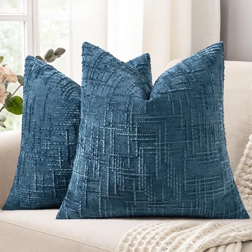 decorUhome Textured Chenille Throw Pillow Covers 18x18 Set of 2 Navy Blue by decorUhome