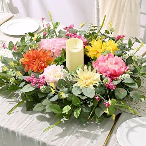 Waipfaru 2Pcs Summer Wreaths Easter Wreath, Spring Wreaths for Front Door Outside, Large Front Door Wreath with Peony Dahlia Rose Flower Green Eucalyptus Leaves Farmhouse Outdoor Porch Decor - Image 4