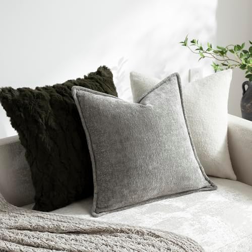 DEZENE Pack of 2 Light Gray Euro Shams Pillow Covers 26x26 Cozy Soft Chenille Decorative Throw Pillow Covers Accent Vintage Square Couch Pillow Covers for Home Decor Bed Sofa Living Room - Image 4