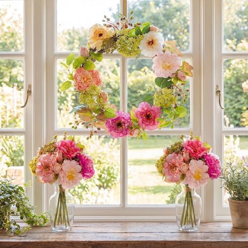 24in Fake Peony and Hydrangea Spring Summer Wreath, Artificial Flower Wreath with 2 Matching Bouquets Set, Front Door Decor for Spring Home Office, Valentine's Day, Mother's Day by IDEALHOUSE