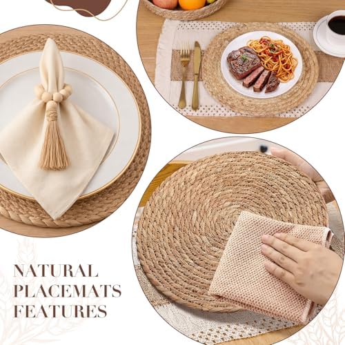 4 Sets Boho Kitchen Decor,Table Setting Decor with Round Woven,Rectangular Boho,Wooden Bead Napkin Rings,Cloth Napkins,Table Runner & Storage Basket,Natural Burlap Cotton for Kitchen Dining Table Home - Image 4