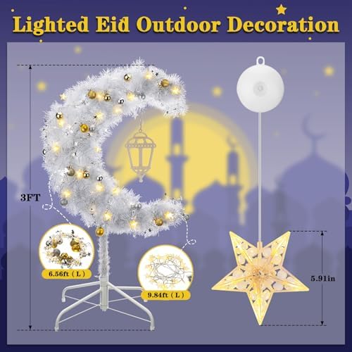 Glooglitter 3ft Ramadan Moon Tree: Lighted Crescent Artificial Tree with Star String LED Eid Outdoor Decoration for Eid Ramadan Garden Home Bedroom Party Decor(Silver) - Image 2