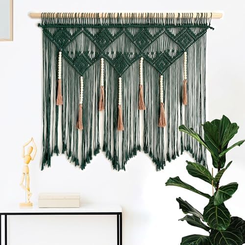 Youngeast Large Macrame Wall Hanging Boho Woven Tapestry Bohemian Macrame Wall Decor Handmade Tassel Tapestry Home Decoration for Bedroom Living Room 39"X31" (Wood Dowels Not Included) (Dark Green) by Unknown