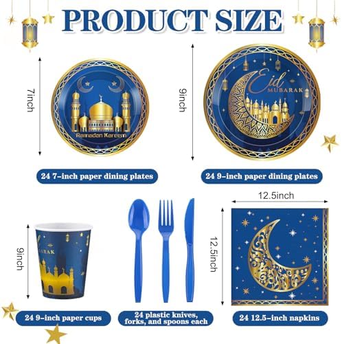 FillTouch 168 Pcs Eid Mubarak Party Goods Supplies Decorations for 24 Guests, Include Ramadan Mubarak Paper Plates Cups Napkins Plastic Knives Forks Spoons Tableware Set for Ramadan Family Party - Image 2