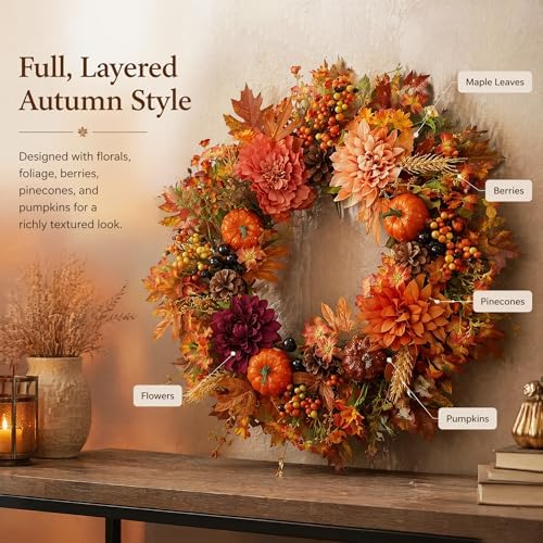 22Inch Fall Wreath for Front Door, Large Autumn Harvest Garland Decoration - Image 3