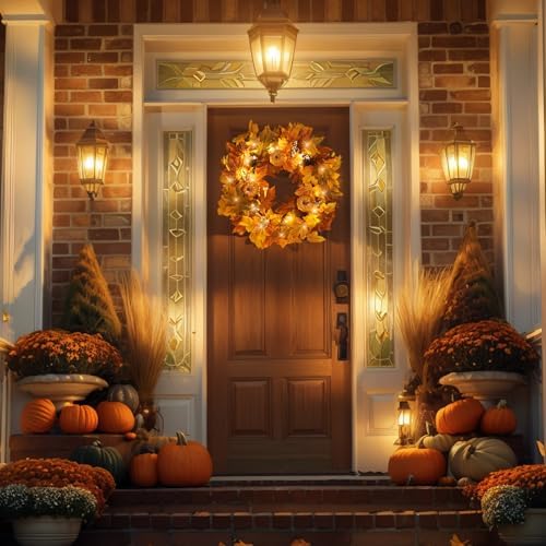 Fall Wreaths for Front Door Outside Autumn Wreath with Lights Berries Pine Cones Fall Decorations for Home Decor Pumpkin Wreath for Farmhouse Holiday Thanksgiving Harvest Halloween Outdoor - Image 4
