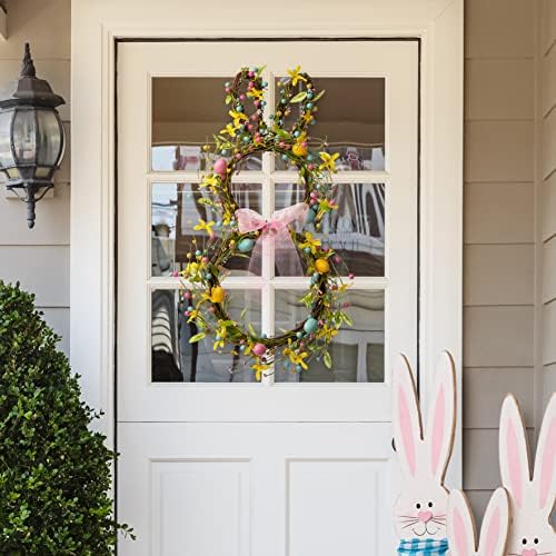 Glitzhome 24.8”H Easter Bunny Spring Wreath with Ribbon Bow Easter Eggs for Front Door Wall Decoration Easter Rabbit Garland with Colored Eggs Berries Wall Front Door Easter Decoration - Image 3