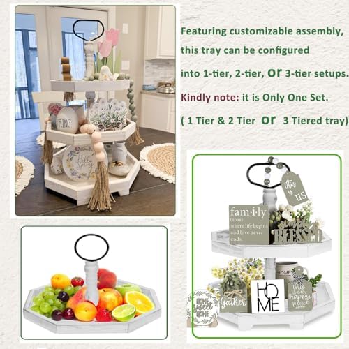 3 Tiered Tray Stand White Tier Serving Tray, Three Decorative Trays, Wooden Cupcake Stand 3 Tiered Farmhouse Tray for Home Decor(L 13.8” W 12.5” H 21.8”) - Image 4