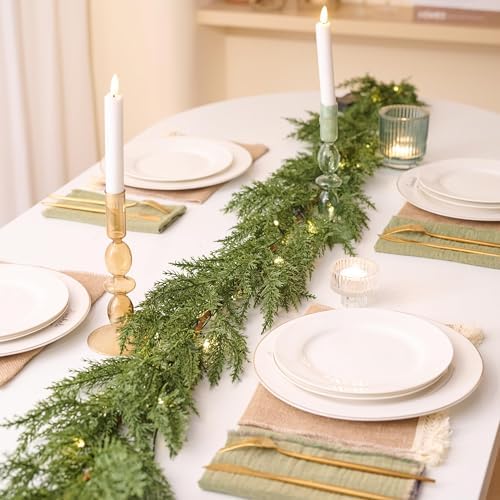 Valery Madelyn 9 Ft Artificial Norfolk Pine Garland for Mantle, Real Tough Christmas Cedar Garland with Light, Lighted Winter Pine Branches for Home Stairs Fireplace Table Indoor Outdoor Holiday Decor - Image 3
