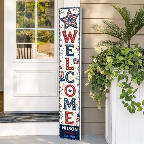 48x8" Custom 4th of July Welcome Porch Sign, Personalized Patriotic Porch Decor for Independence Day, Standing Welcome Sign for Front Door, PVC, Design 2 by BasicFundamentals