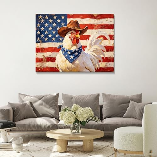 July 4th Patriotic Canvas Wall Art 4th of July USA Decorations Vintage American Flag Chicken Painting Roosters Chickens Picture Wall Decor Independence Day Home Decor 24x32in - Image 2