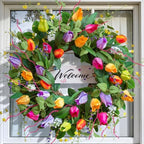 Summer Spring Wreaths for Front Door 26 Inch, Tulip Spring Summer Wreath with Welcome Sign, Artificial Floral Spring Door Wreath for Outdoor Front Door, Farmhouse Seasonal Summer Wreath - Image 2