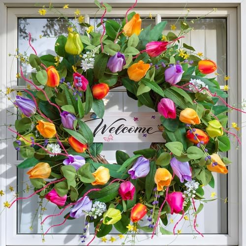 Summer Spring Wreaths for Front Door 26 Inch, Tulip Spring Summer Wreath with Welcome Sign, Artificial Floral Spring Door Wreath for Outdoor Front Door, Farmhouse Seasonal Summer Wreath - Image 2
