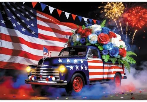 10x6.5ft 4Th of July Backdrop Car Colorful Flowers Independence Day Us Flag Decorations Background Memorial Veterans Day Newborn Party Birthday Party Banner Photo Booth - Image 4