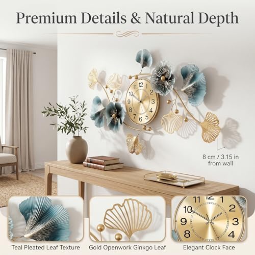 33" 3D Ginkgo Leaf Metal Wall Clock for Home Wall Decor - Image 4