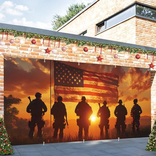 16x7Ft Patriotic American Soldier Silhouette Garage Door Decoration Flag, Military Tribute flag - Sunset USA Flag Themed Outdoor Decor - Image 5