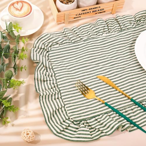Whaline Vintage Green Cotton Placemats with Ruffle Stripe Kitchen Place Mats for Birthday Party Home Dining Table Decor, Set of 6, 14.5 x 19.7 in - Image 3