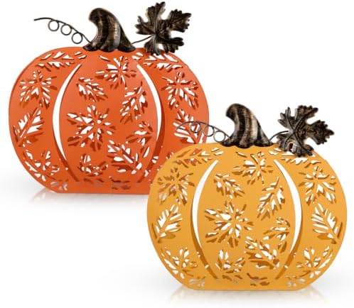2 Pcs Fall Pumpkins Decor Lighted Metal Pumpkins for Autumn Decoration by Oairse