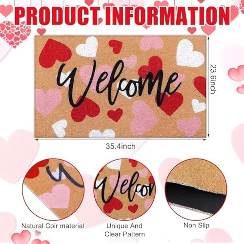 Tingjoo 2 Pcs Valentines Day Coir Door Mat and Heart Wreath for Front Door - Image 4