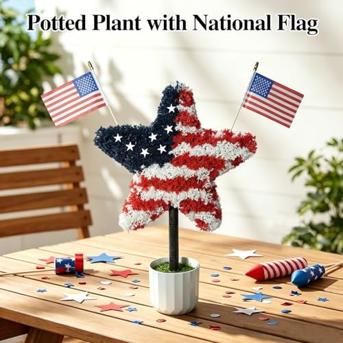 2 Pack 25.6" Patriotic Star Topiary Trees w/ 4 Flags for 4th of July - Image 2