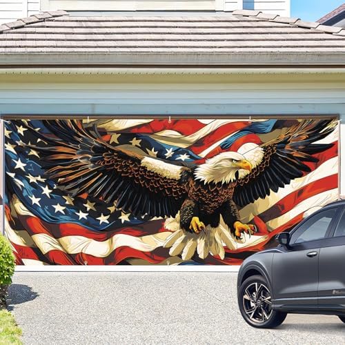 Eagle American Flag Garage Door Banner 7x16FT, Patriotic Bald Eagle & American Flag Garage Door Cover, Outdoor Decoration for Independence Day and National Holidays - Image 2