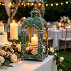 Vintage Farmhouse Metal Candle Lantern - 14 Inches Rustic Distressed Green Lanterns Indoor & Outdoor Decor Hanging Candle Holder Lantern for Garden Front Porch Patio Wedding Christmas (No Glass) - Image 3