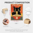 Framed Funny Black Cat Canvas Wall Art Set of 2, Vintage Japanese Cat Eating Ramen Poster, Unique Gifts and Cat Lover Printing Picture, for Living Room Kitchen Dining Room Wall Decor 16x24 inch - Image 3