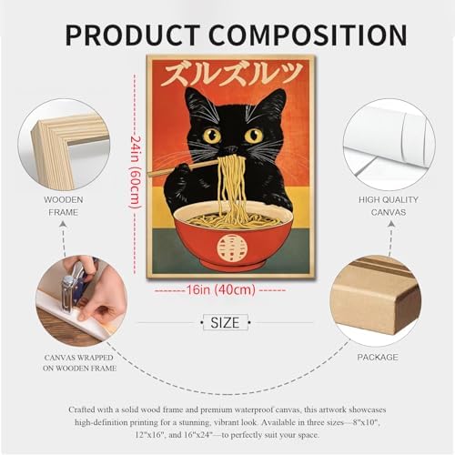 Framed Funny Black Cat Canvas Wall Art Set of 2, Vintage Japanese Cat Eating Ramen Poster, Unique Gifts and Cat Lover Printing Picture, for Living Room Kitchen Dining Room Wall Decor 16x24 inch - Image 3