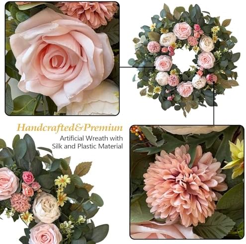 WANNA-CUL 24 Inch Spring Peony Wreath Pink Rose Front Door Wreath - Image 3