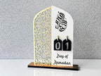 2 Pieces Wood Ramadan Decorations Islamic Eid Mubarak Kareem Table Sign Moon Hollow Star Ornament for Muslim Party Tabletop Decor Home Art Craft Decoration Golden Moon (Gold, Medium - 8"W x 12"H) - Image 3