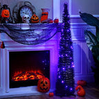 Aoriher 5 ft Pre-lit Pop up Collapsible Black Christmas Tinsel Tree Decor with Purple String Lights Reusable Artificial Sequins Pencil Slim Tree with 4 Legged Bracket Holiday Party Indoor Outdoor Home - Image 4