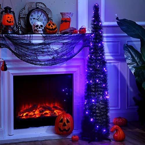 Aoriher 5 ft Pre-lit Pop up Collapsible Black Christmas Tinsel Tree Decor with Purple String Lights Reusable Artificial Sequins Pencil Slim Tree with 4 Legged Bracket Holiday Party Indoor Outdoor Home - Image 4