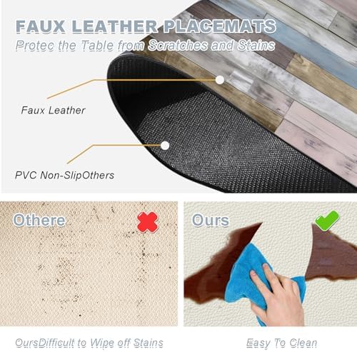 Farmhouse Placemats Set of 4 - Driftwood Faux Leather Heat Resistant Placemat for Dinner Table, Non-Slip Waterproof Oil-Proof Washable Reusable for Indoor Outdoor Kitchen Decor, 15.75In*11.81In - Image 4