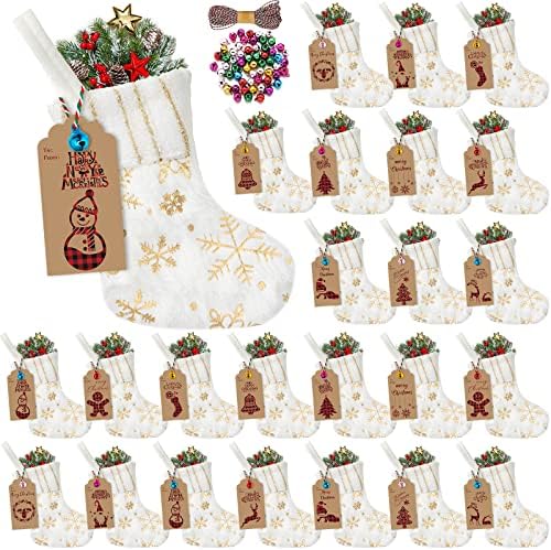 24 Set Mini Gold Snowflake Christmas Stockings with Gift Tags Bells by Glimin