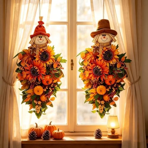 2 PCS Fall Scarecrow Teardrop Front Door Swag Wreath with Sunflower Pumpkin - Image 5