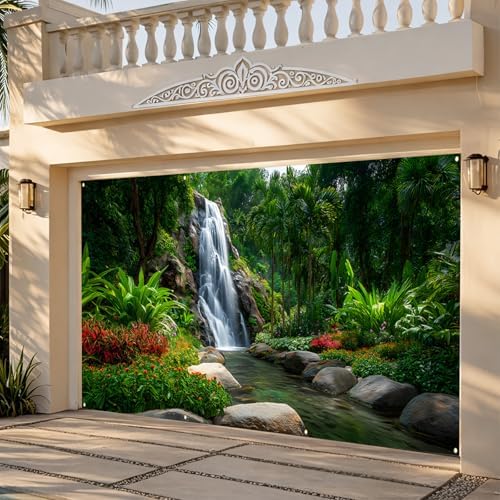 Waterfalls Garage Door Cover Banner, 6x13 ft Forest Scenery with River Landscape, Large Indoor/Outdoor Wall Decoration (Green Scenic Waterfall) - Image 5