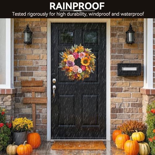 24 Inch Artificial Fall Wreaths for Front Door Outside with Sunflower,Peony - Image 5