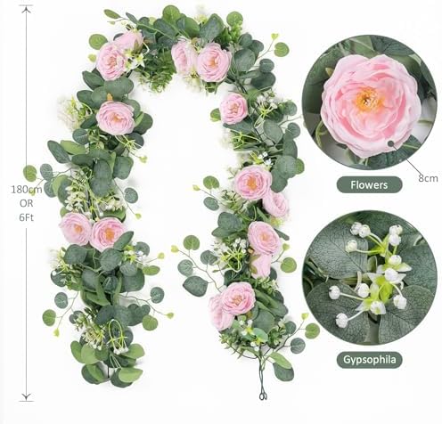 TOCHGREEN 4 Pack Artificial Eucalyptus Flower Garland with Pink Roses - Image 3