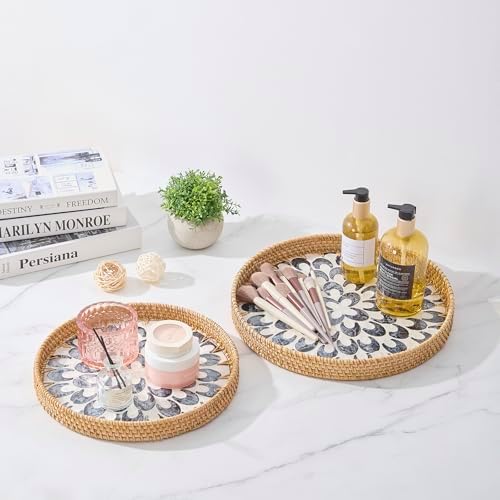 Round Rattan Tray with Mother of Pearl Inlay, Rattan Serving Tray with Wooden Base, Decorative Wicker Basket for Table Decor, Storage and Display of Coffee Bread Food Fruit (Plume 13.5") - Image 3