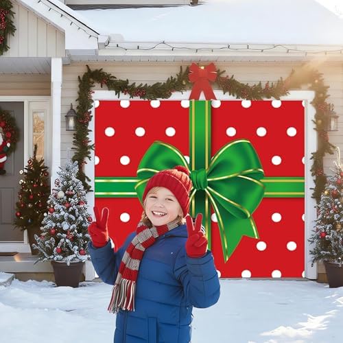 Garage Door Christmas Cover 7x8: Single Garage Bow GIF Box Christmas Decorations with Bar Magnets & Ropes, Holiday Garage Door Banner Decorative Xmas, Party Wall Backdrop Indoor Outdoor - Image 4