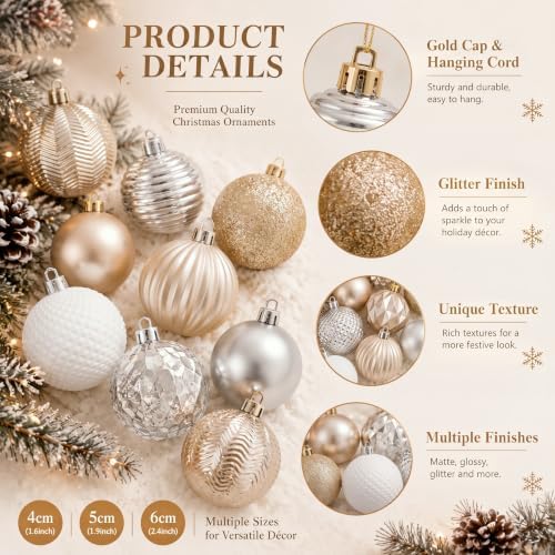 Lunmon 64 Pcs Champagne Gold White Christmas Ornaments 1.57/1.97/2.36 Inch - Image 4