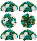 BLOSMON Teal Flowers Artificial Centerpieces: 6 Pcs Fake Roses Flowers Balls for Wedding Dinning Table - Faux Silk Kissing Floral Arrangement for Home Party Event Decor by Blosmon