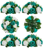 BLOSMON Teal Flowers Artificial Centerpieces: 6 Pcs Fake Roses Flowers Balls for Wedding Dinning Table - Faux Silk Kissing Floral Arrangement for Home Party Event Decor by Blosmon