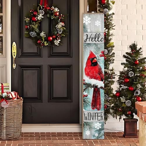 Winter Porch Sign, Christmas Sign for Front Porch, Cardinal Bird Wooden Sign Yard, Vertical Wood Sign Standing for Patio Front Door Porch, Hello Winter Holiday Home Party Entryway Yard Wall Decor Indoor Outdoor, 47x8 inch by Unknown