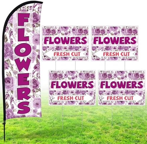 Buryeah 5 Sets Flower Banner Sign Kit Including 1 Flower Feather Flag 4 Double Sided Arrows Signs with Metal Stakes for Outside, Business Advertising, Directional Signage (Purple) by Buryeah