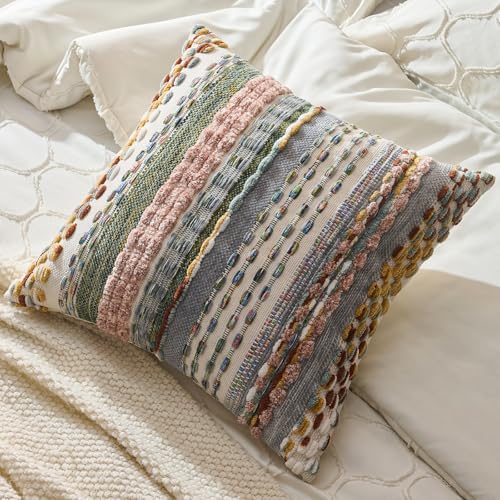 AmHoo Set of 2 Chenille Tufted Striped Textured Boho Throw Pillow Covers Aesthetic Woven Decorative Pillow Case for Couch Bed Sofa Bedroom Modern Funky 18 x 18-Inch Multicolor - Image 4