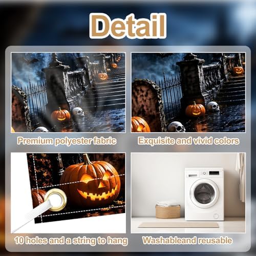 Halloween Garage Door Banner 16x7 ft Outdoor Spooky Haunted Castle Backdrop Cover Large Cemetery Gravestone Pumpkin Jack-O-Lantern Full Moon Bats Skulls Holiday House Wall Party Decorations - Image 4