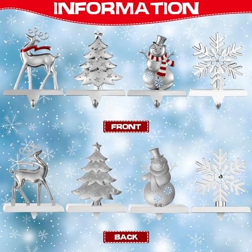 GUOER 4 Pack Snowflake Christmas Stocking Holder Set for Mantle Christmas Decorations Holiday Mantle Fireplace Topper - Snowflake Snowman Reindeer and Christmas Tree Hangers Decorative Metal Hanger - Image 4